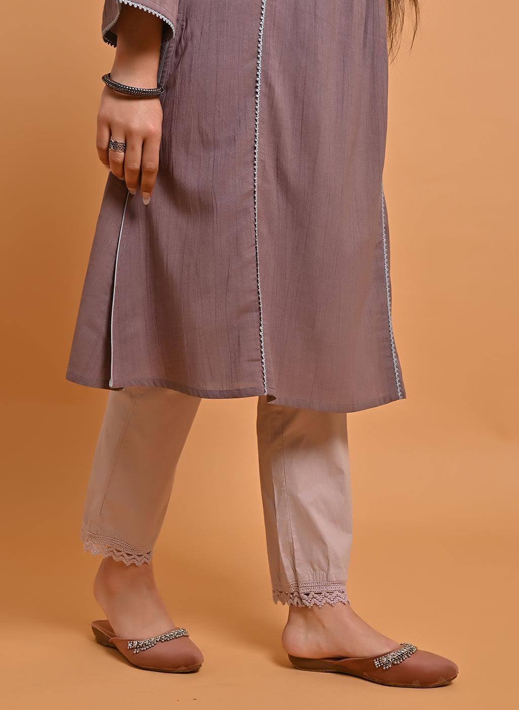 Lavender Embroidered A-Line Long Kurta - Lakshita