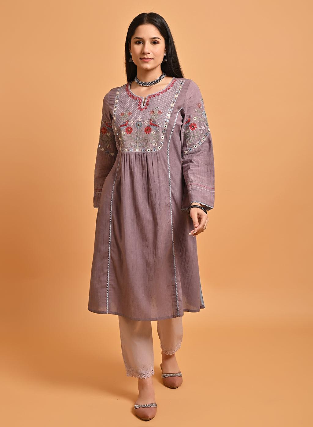 Lavender Embroidered A-Line Long Kurta - Lakshita