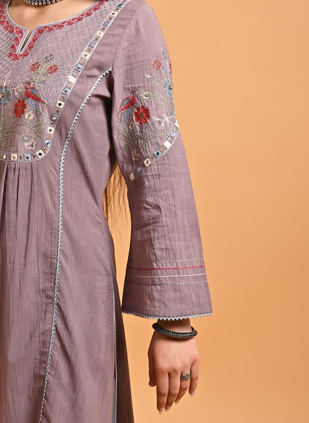 Lavender Embroidered A-Line Long Kurta - Lakshita