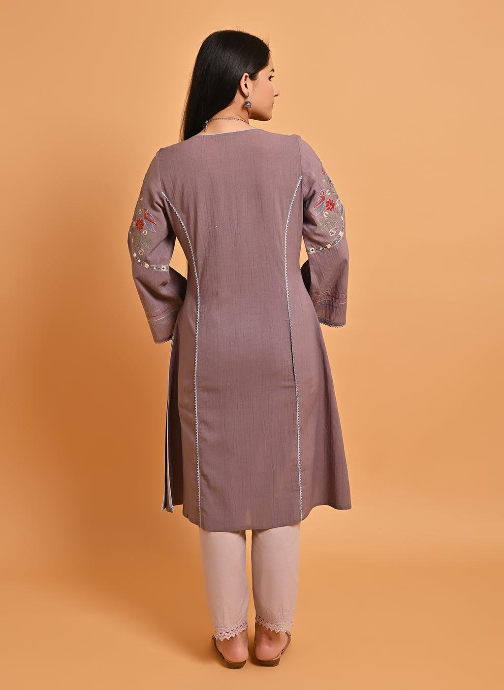 Lavender Embroidered A-Line Long Kurta - Lakshita