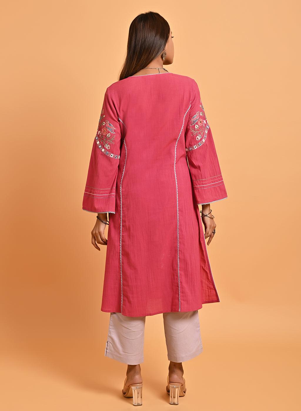 Carrot Pink Embroidered Long Kurta for Women - Lakshita