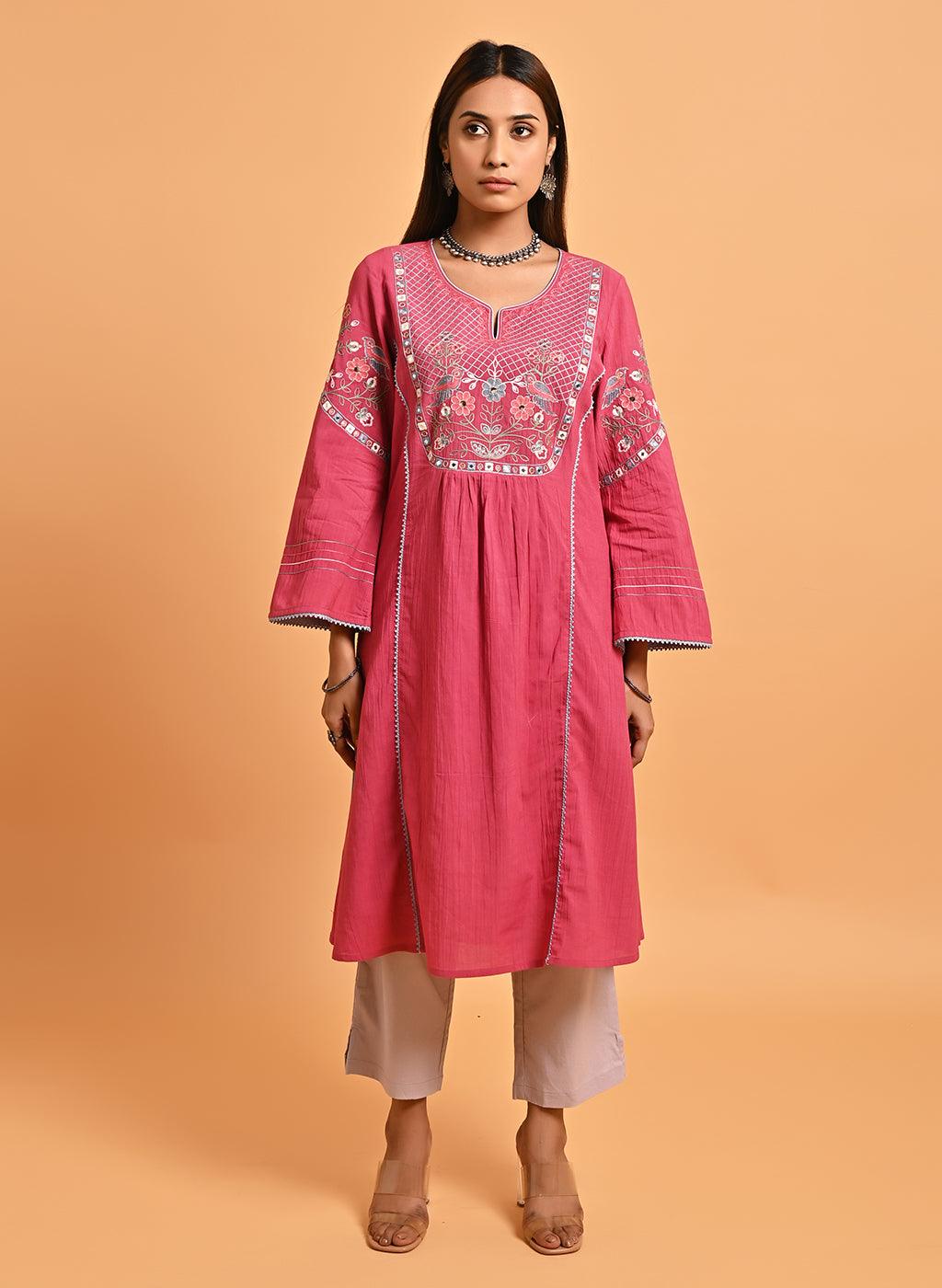 Carrot Pink Embroidered Long Kurta for Women - Lakshita