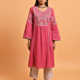 Carrot Pink Embroidered Long Kurta for Women - Lakshita