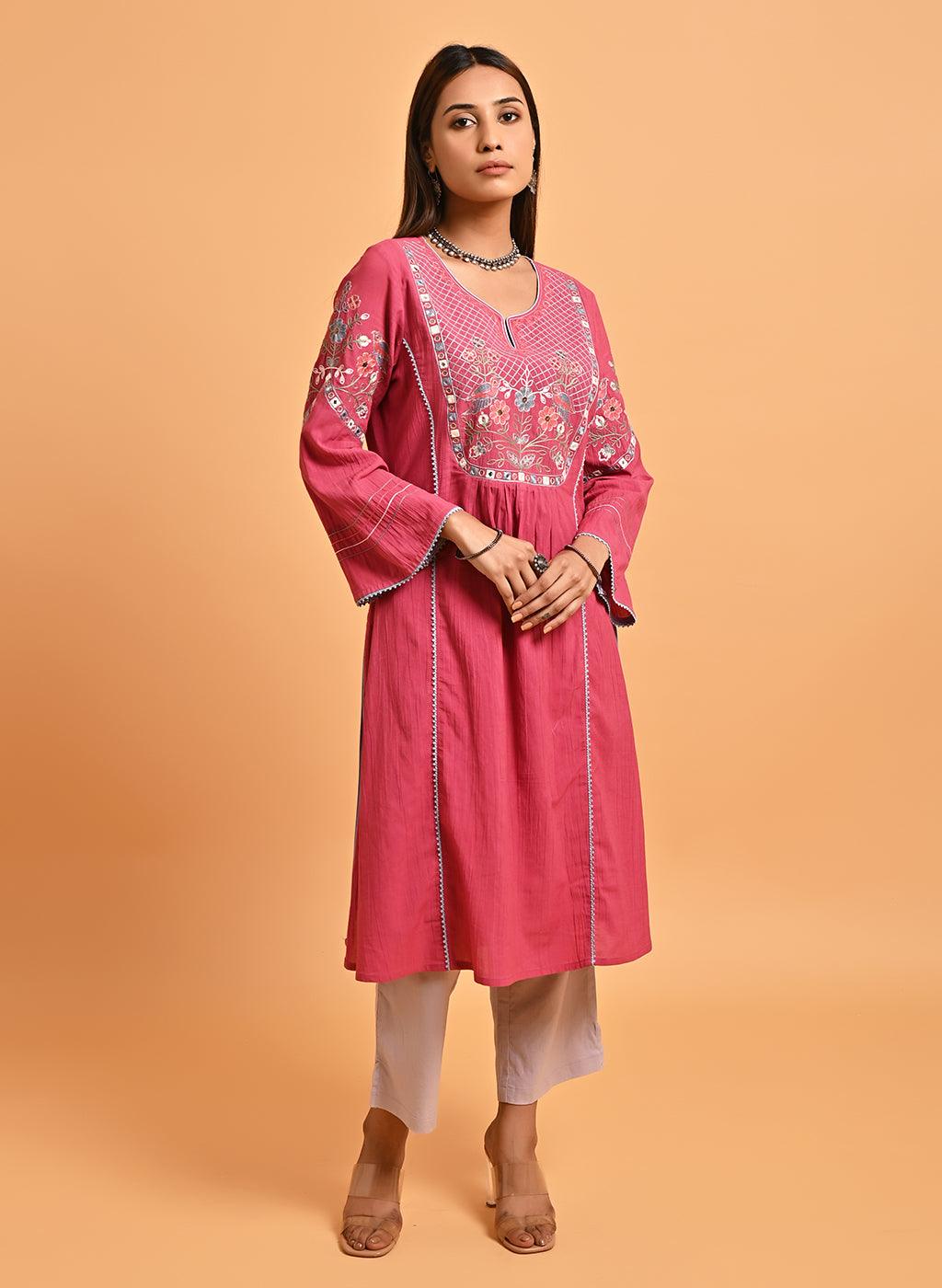 Carrot Pink Embroidered Long Kurta for Women - Lakshita