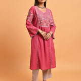 Carrot Pink Embroidered Long Kurta for Women - Lakshita