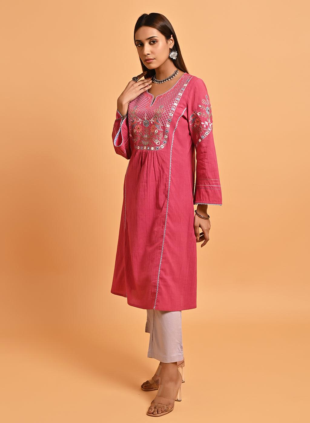 Carrot Pink Embroidered Long Kurta for Women - Lakshita