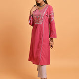 Carrot Pink Embroidered Long Kurta for Women - Lakshita