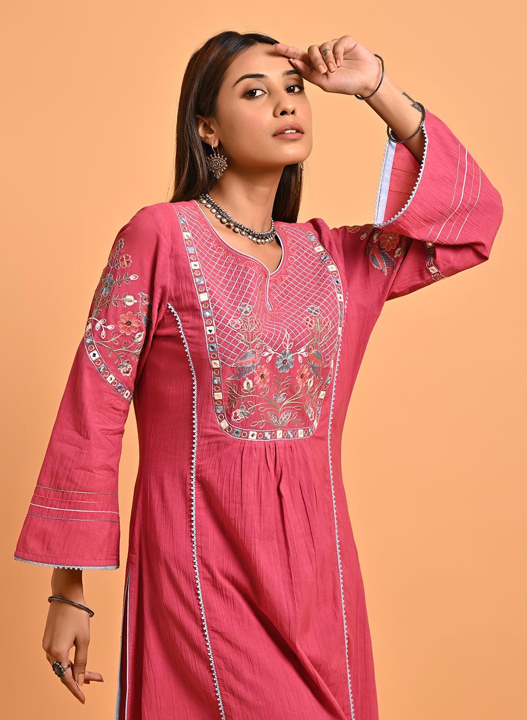 Carrot Pink Embroidered Long Kurta for Women - Lakshita