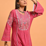 Carrot Pink Embroidered Long Kurta for Women - Lakshita