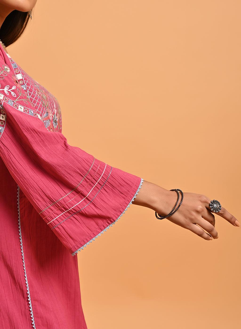 Carrot Pink Embroidered Long Kurta for Women - Lakshita