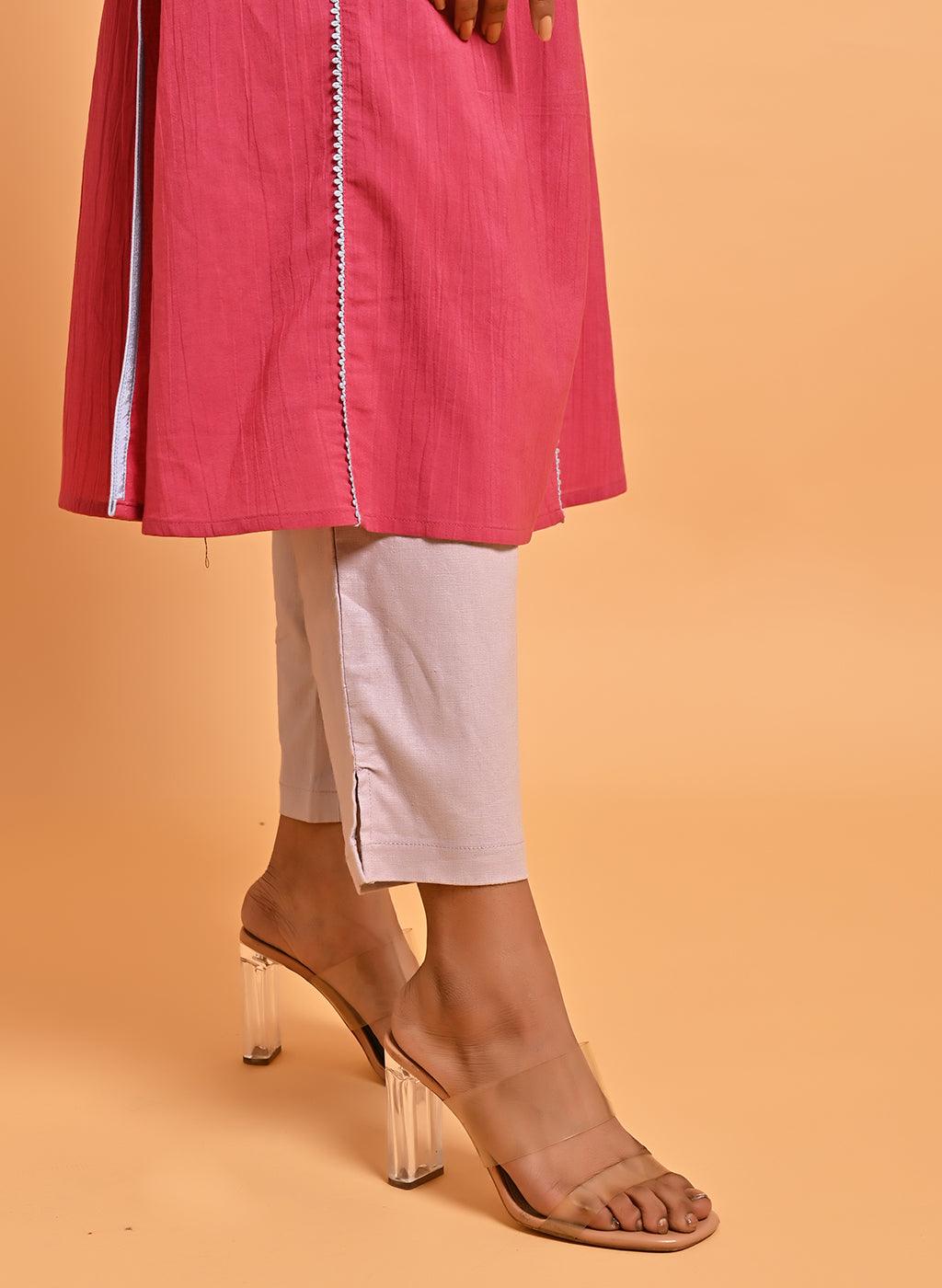 Carrot Pink Embroidered Long Kurta for Women - Lakshita