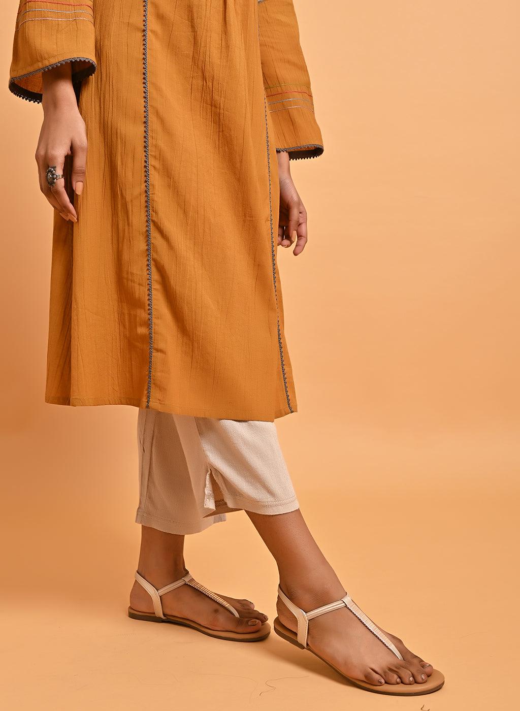 Spicy Mustard Embroidered A-Line Long Kurta - Lakshita