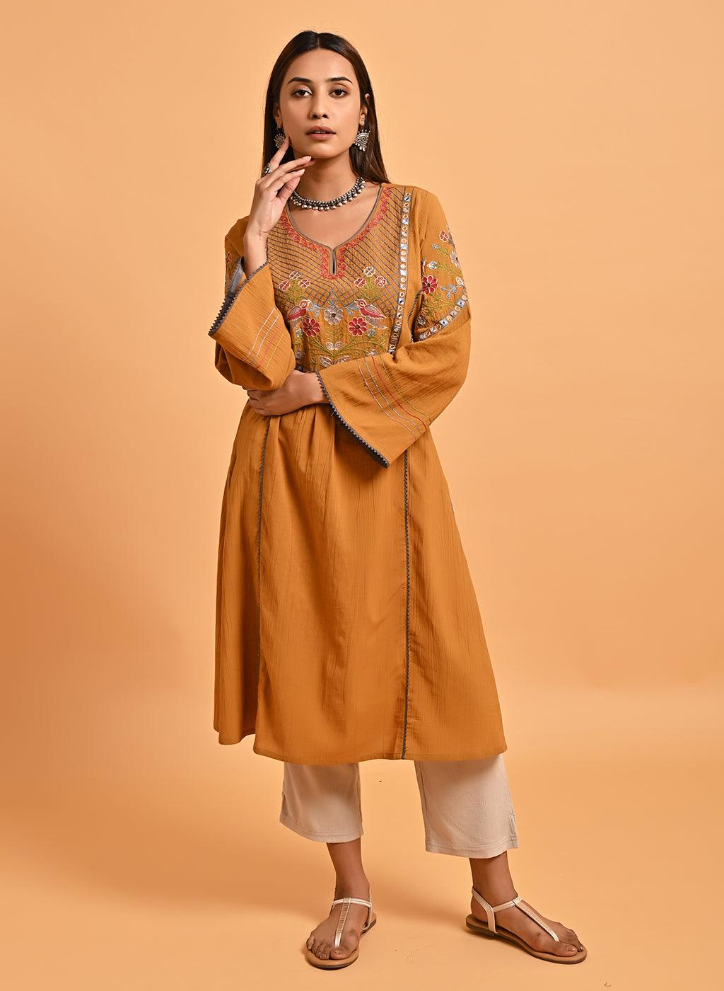 Spicy Mustard Embroidered A-Line Long Kurta - Lakshita