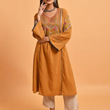 Spicy Mustard Embroidered A-Line Long Kurta - Lakshita