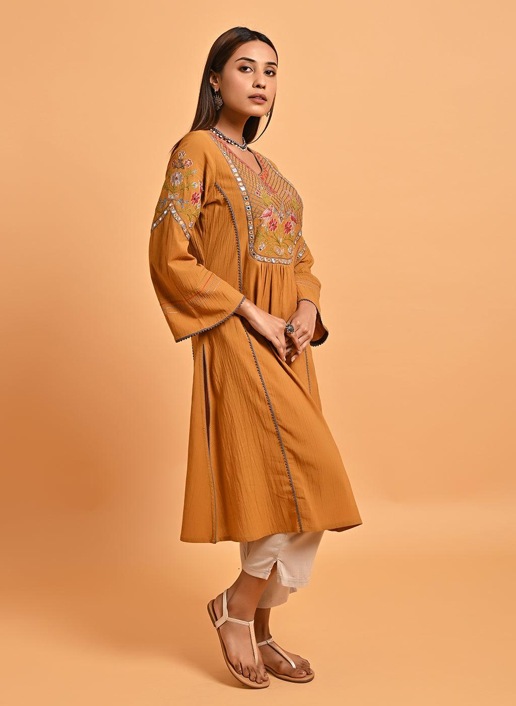 Spicy Mustard Embroidered A-Line Long Kurta - Lakshita