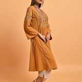 Spicy Mustard Embroidered A-Line Long Kurta - Lakshita