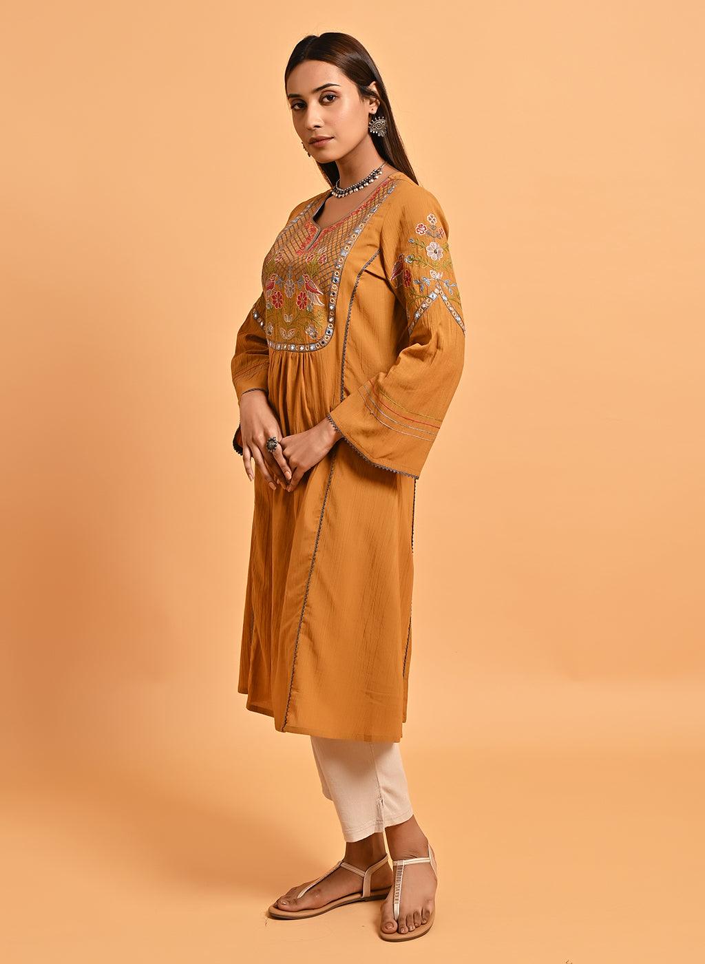 Spicy Mustard Embroidered A-Line Long Kurta - Lakshita