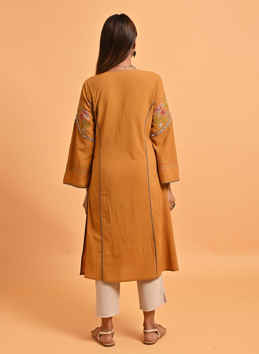 Spicy Mustard Embroidered A-Line Long Kurta - Lakshita