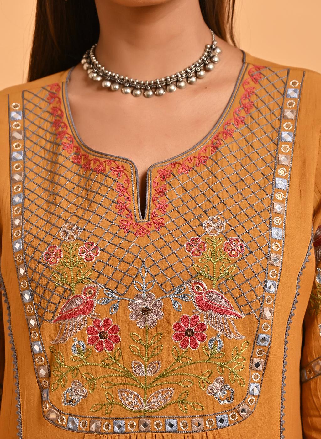 Spicy Mustard Embroidered A-Line Long Kurta - Lakshita