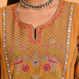 Spicy Mustard Embroidered A-Line Long Kurta - Lakshita