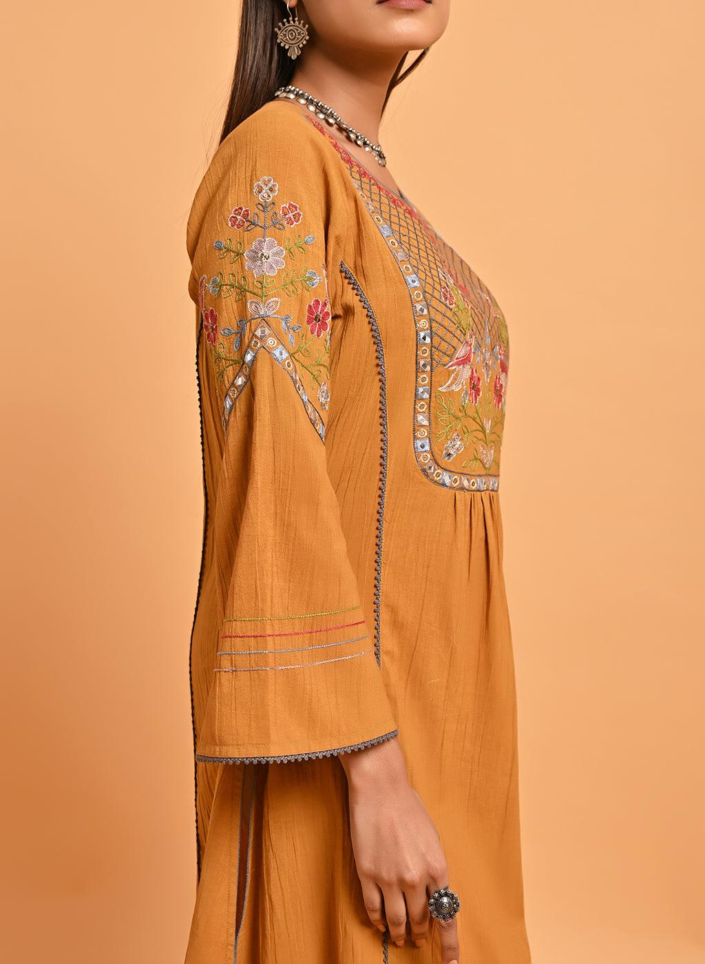 Spicy Mustard Embroidered A-Line Long Kurta - Lakshita