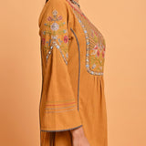 Spicy Mustard Embroidered A-Line Long Kurta - Lakshita