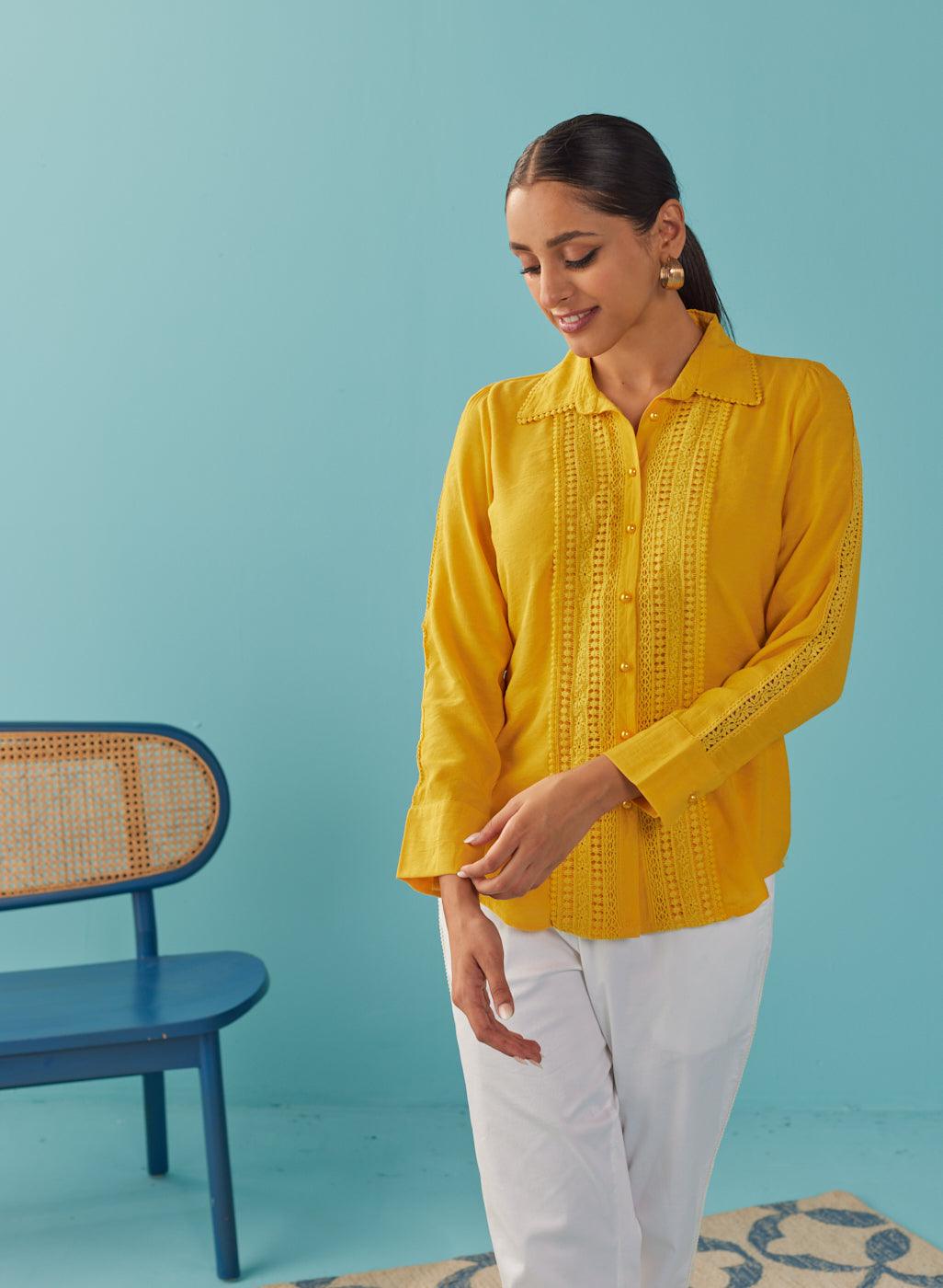 Mustard Cut Work Classic Shirt with Beads Button - Lakshita