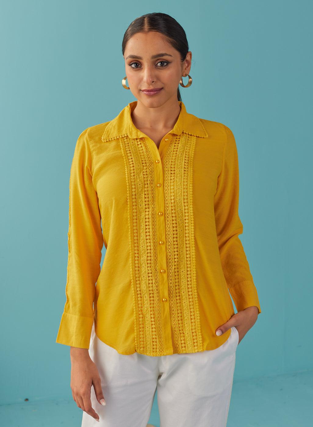 Mustard Cut Work Classic Shirt with Beads Button - Lakshita