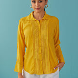 Mustard Cut Work Classic Shirt with Beads Button - Lakshita