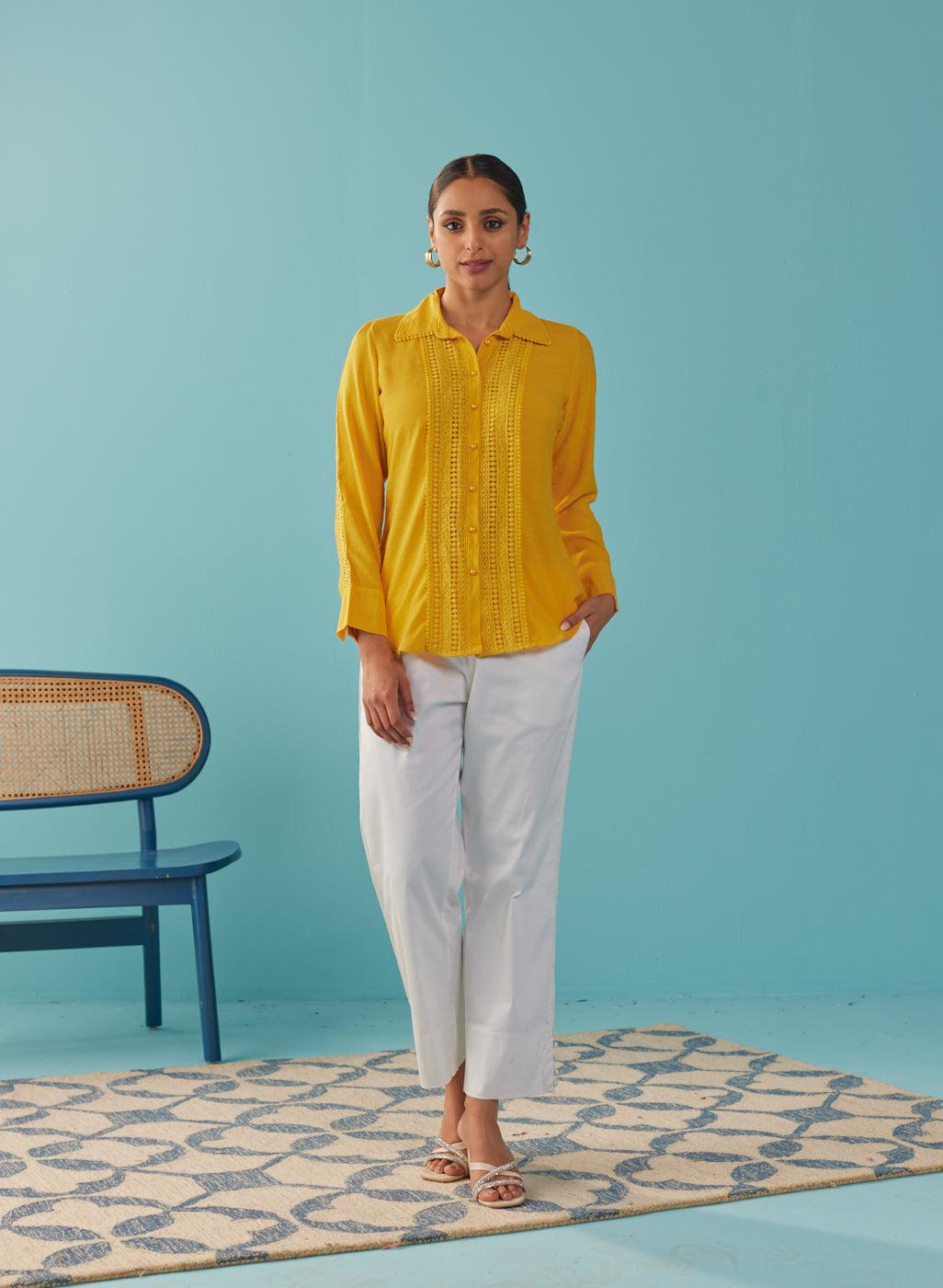 Mustard Cut Work Classic Shirt with Beads Button - Lakshita