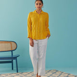 Mustard Cut Work Classic Shirt with Beads Button - Lakshita