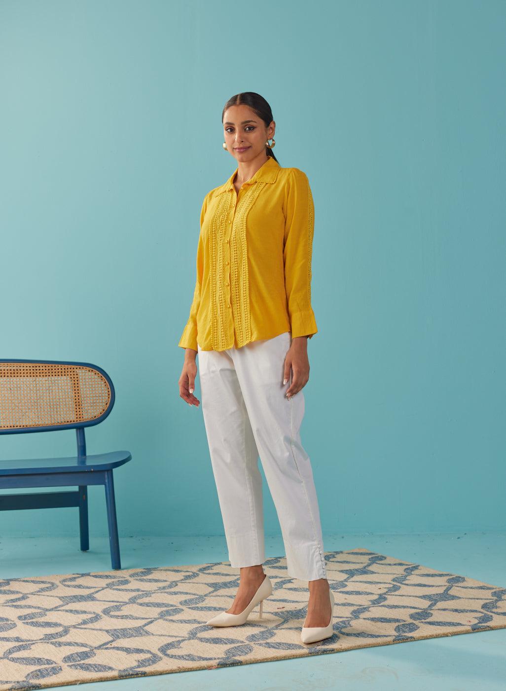 Mustard Cut Work Classic Shirt with Beads Button - Lakshita