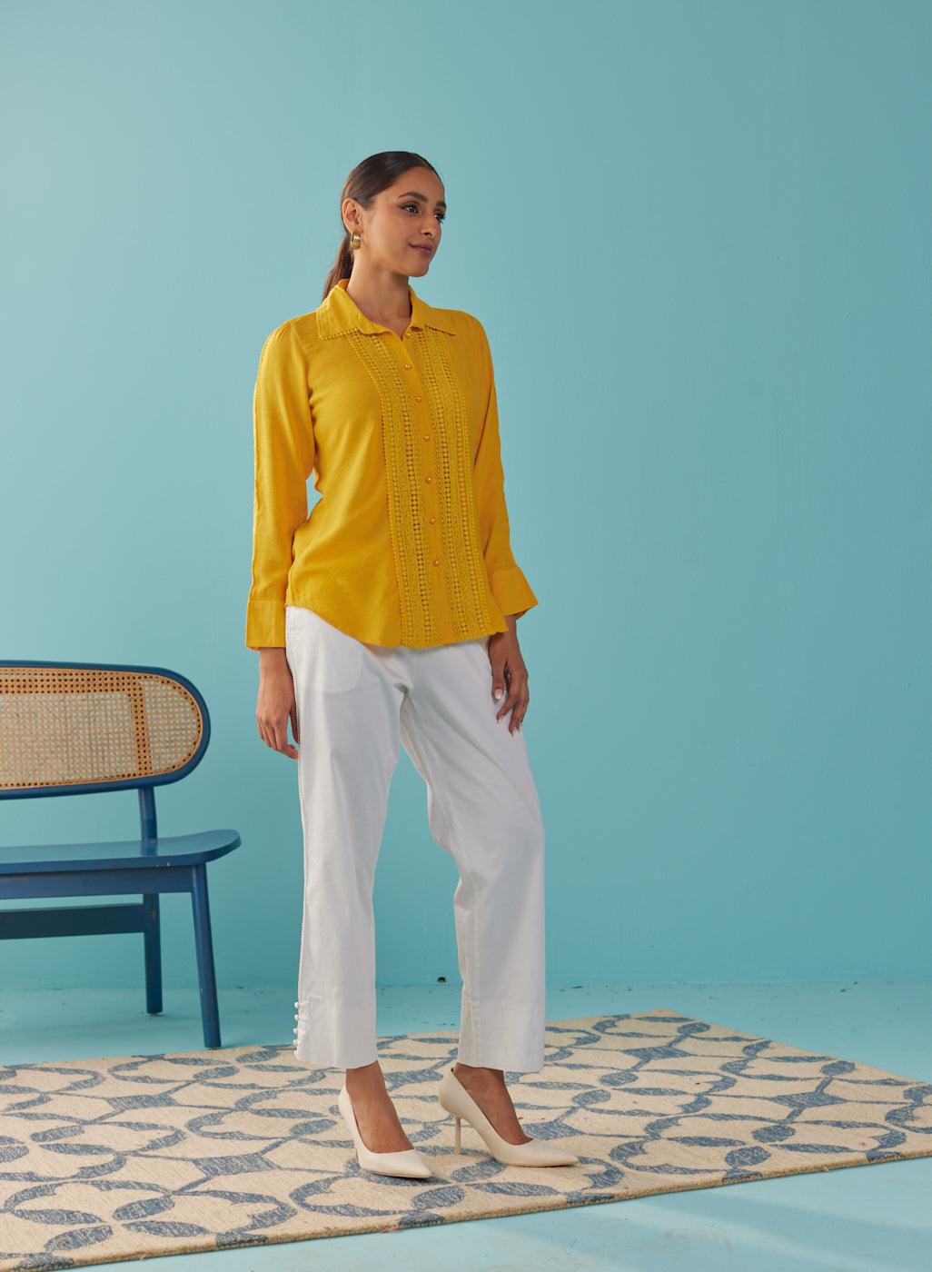 Mustard Cut Work Classic Shirt with Beads Button - Lakshita