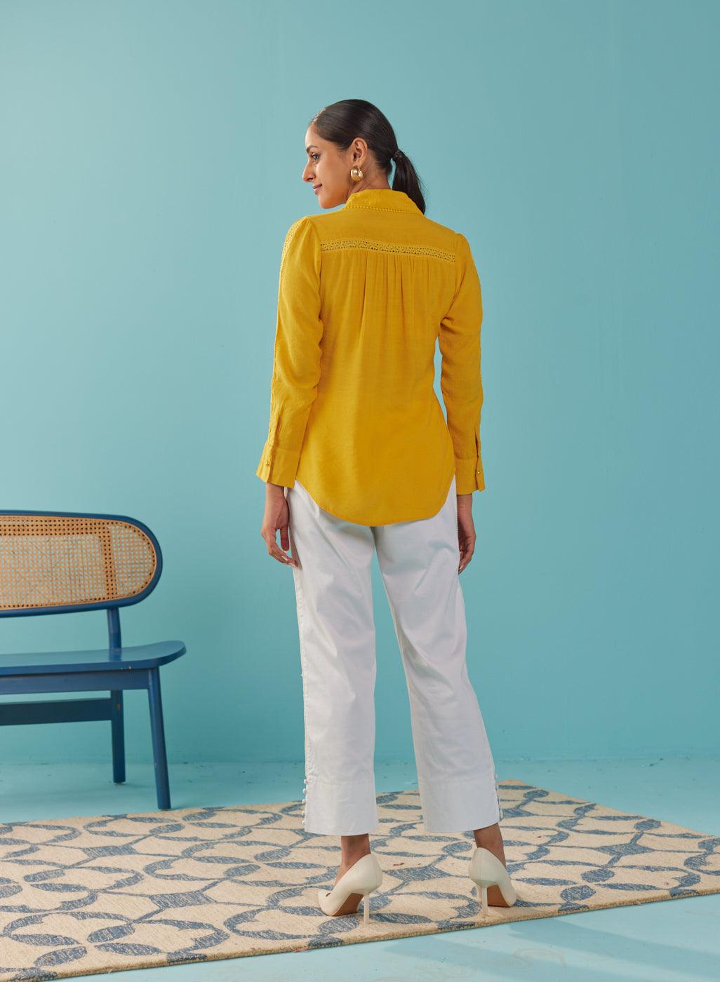 Mustard Cut Work Classic Shirt with Beads Button - Lakshita