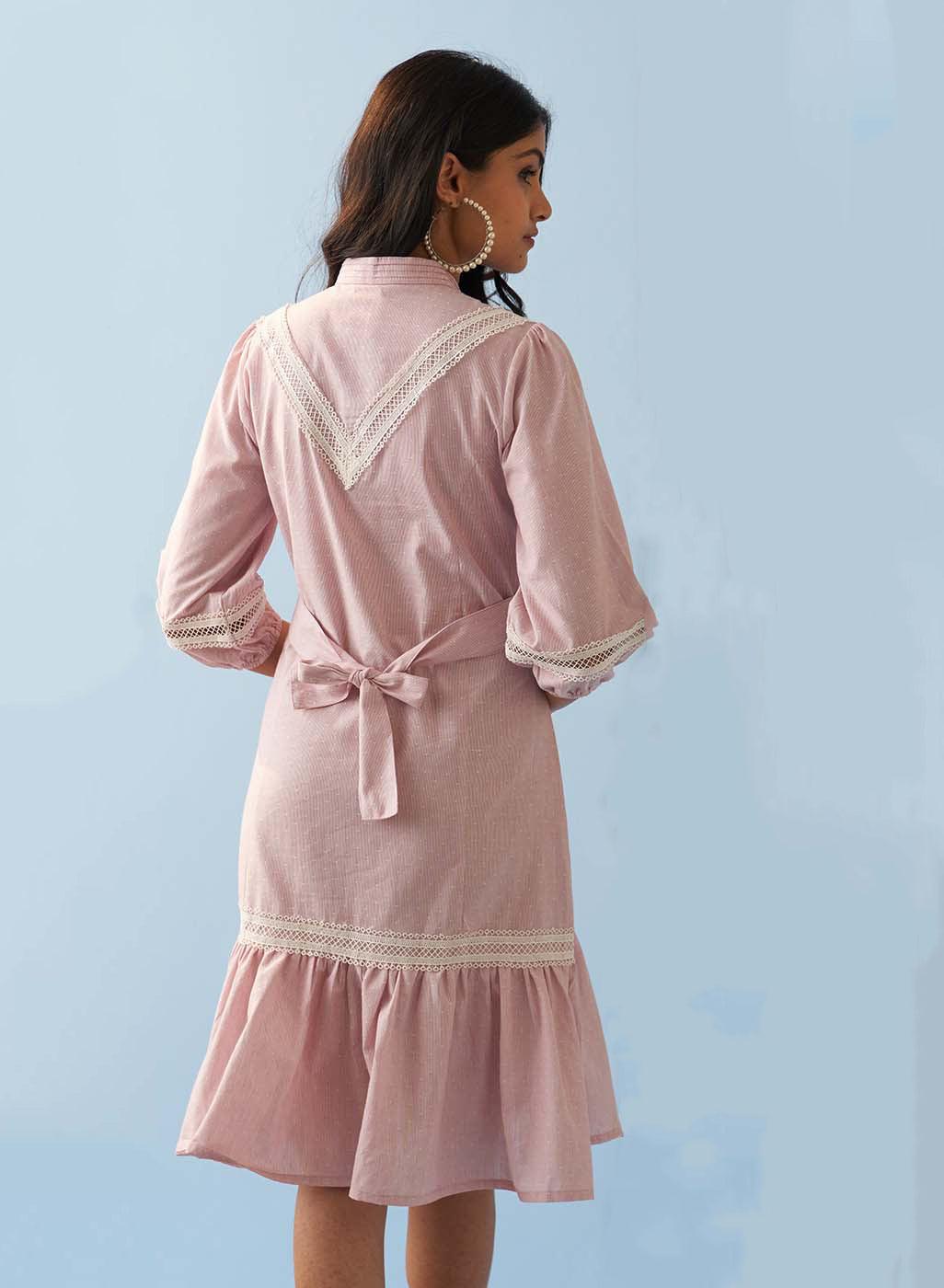 Pink Dress for Women with Button Detailing and Puffed Sleeves - Lakshita