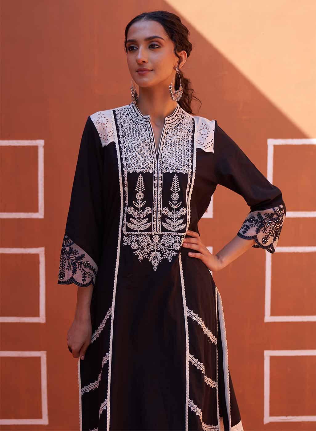 Dori Work Black Long Kurta - Lakshita