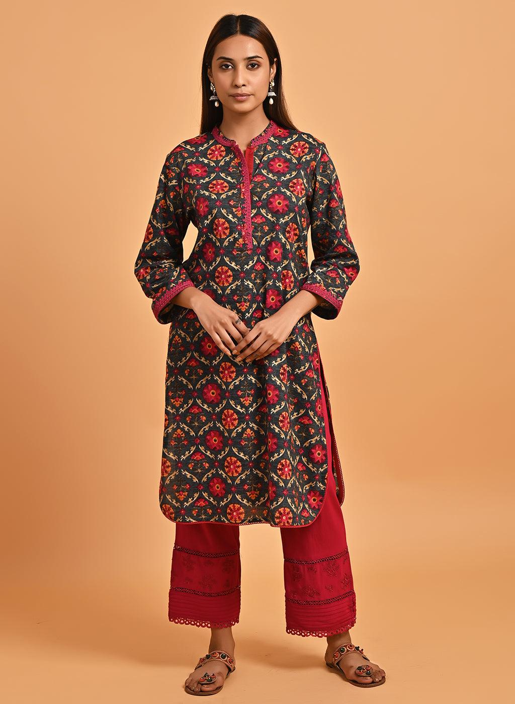 Grey Ethnic Printed Kurta with Lace Detailing - Lakshita