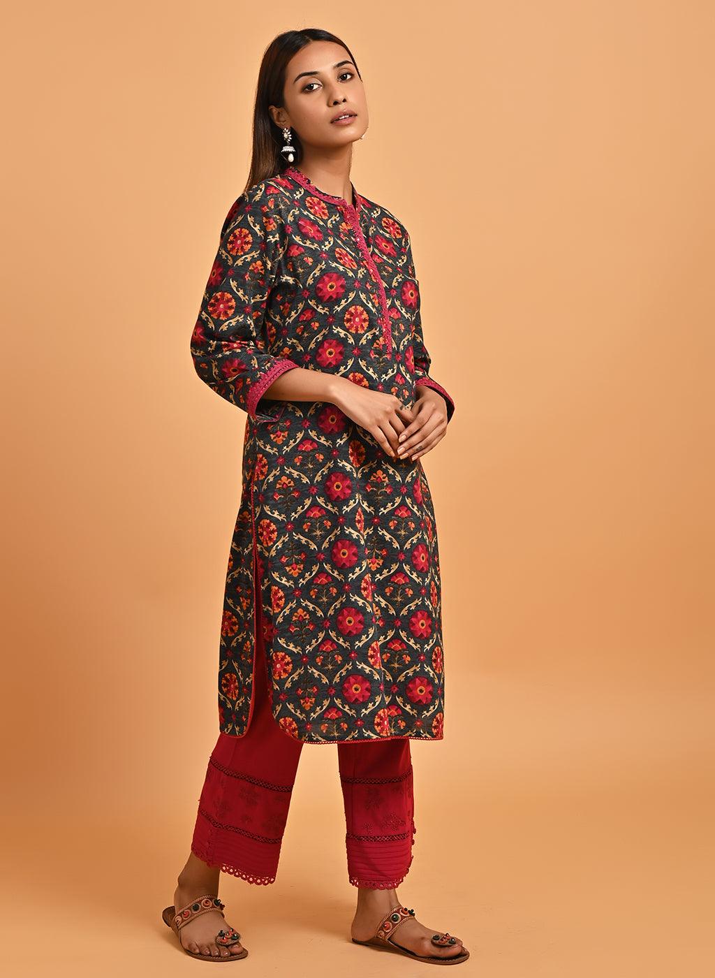 Grey Ethnic Printed Kurta with Lace Detailing - Lakshita