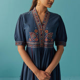 Blue A Line Dress with Puffed Sleeve and Stylized Neck - Lakshita