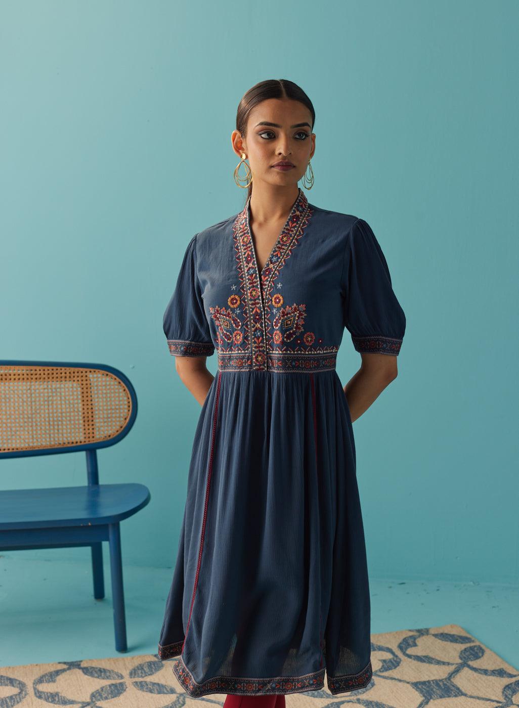 Blue A Line Dress with Puffed Sleeve and Stylized Neck - Lakshita