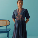 Blue A Line Dress with Puffed Sleeve and Stylized Neck - Lakshita