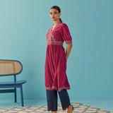 Fucshia A Line Dress with Puffed Sleeve and Stylized Neck - Lakshita