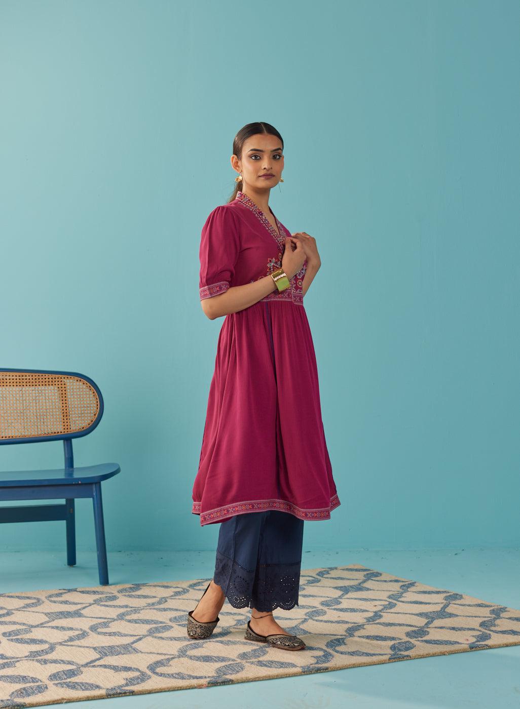 Fucshia A Line Dress with Puffed Sleeve and Stylized Neck - Lakshita