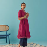 Fucshia A Line Dress with Puffed Sleeve and Stylized Neck - Lakshita