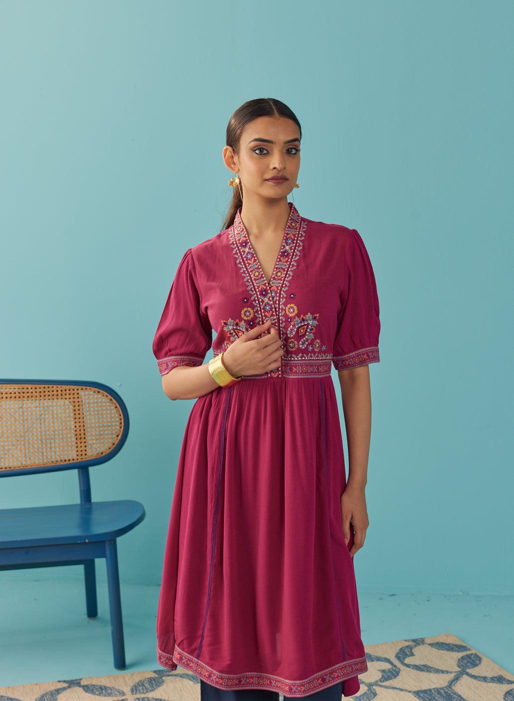 Fucshia A Line Dress with Puffed Sleeve and Stylized Neck - Lakshita