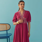 Fucshia A Line Dress with Puffed Sleeve and Stylized Neck - Lakshita