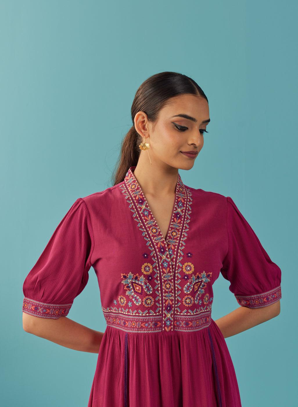 Fucshia A Line Dress with Puffed Sleeve and Stylized Neck - Lakshita