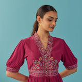 Fucshia A Line Dress with Puffed Sleeve and Stylized Neck - Lakshita