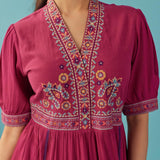 Fucshia A Line Dress with Puffed Sleeve and Stylized Neck - Lakshita