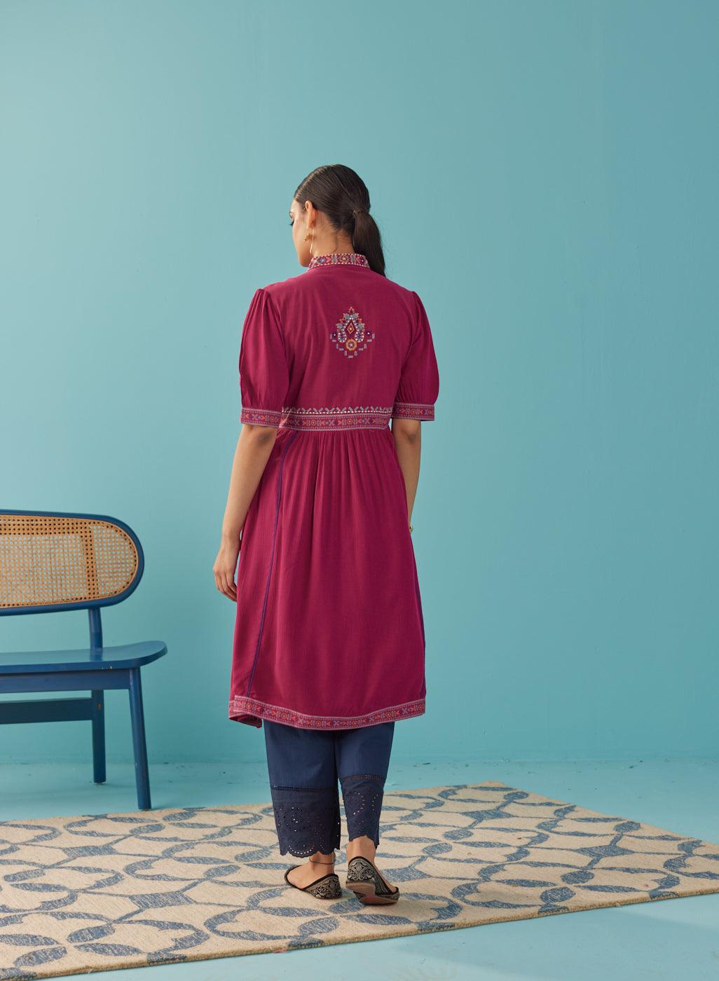 Fucshia A Line Dress with Puffed Sleeve and Stylized Neck - Lakshita